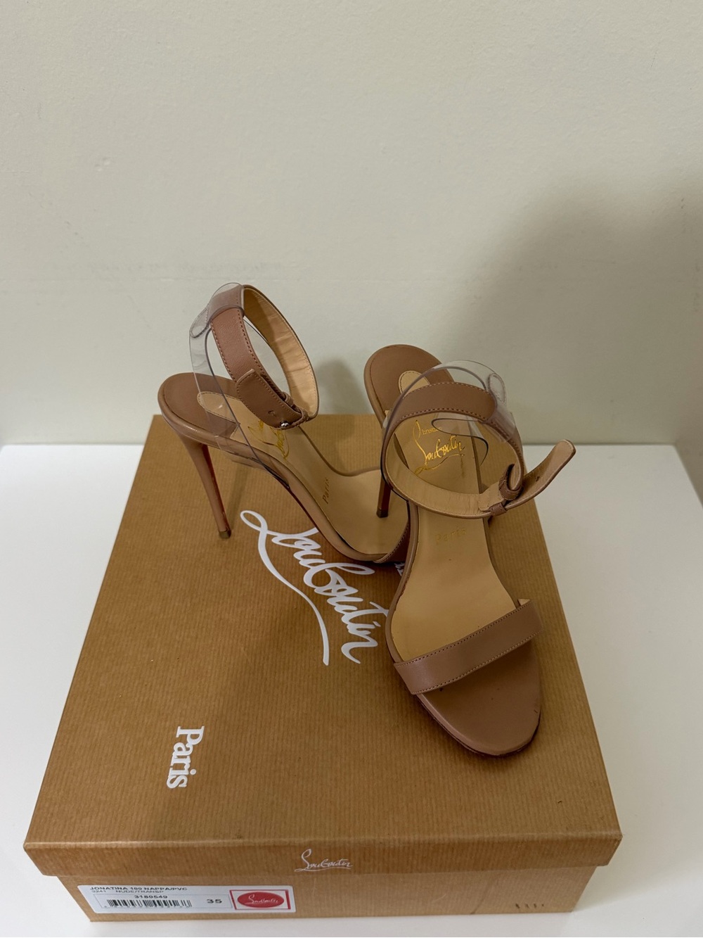 Christian Louboutin Tan & Clear Ankle-Strap Stiletto Sandals